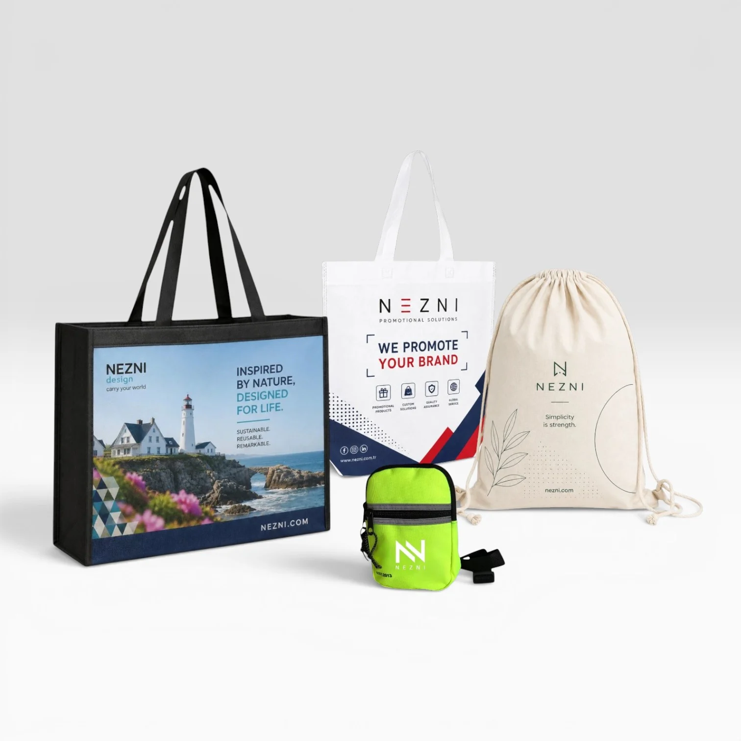 Branded promotional bag production examples.