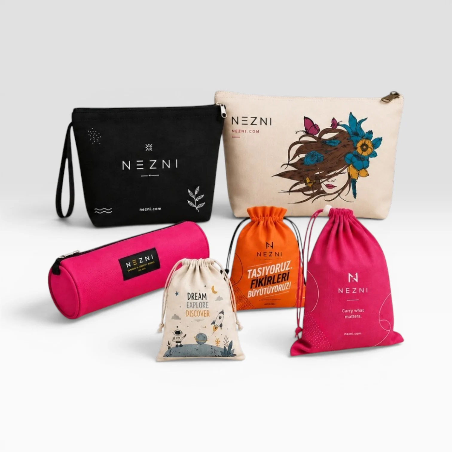 Drawstring pouch, cosmetic bag and organizer production examples.