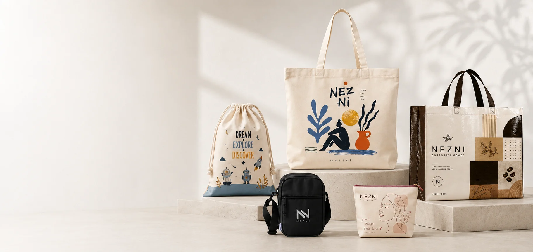Custom cotton, drawstring, laminated and promotional bag production examples by Nezni.