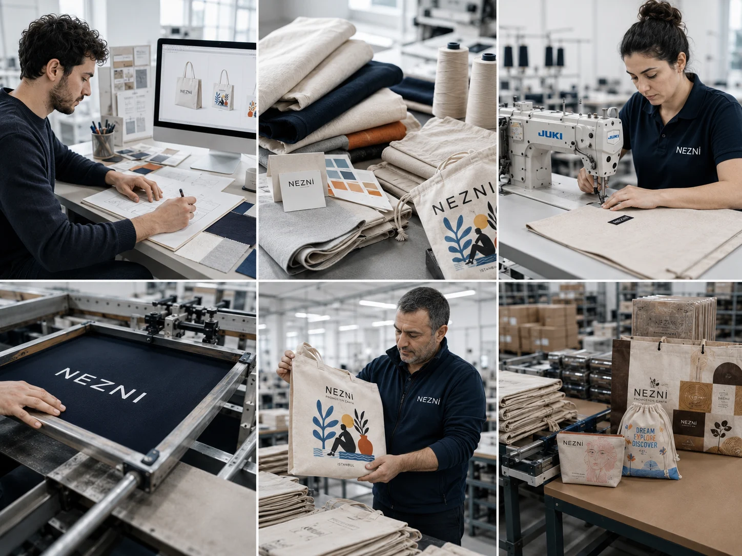 Nezni custom and promotional bag design, production, printing, quality control and finished manufacturing process.