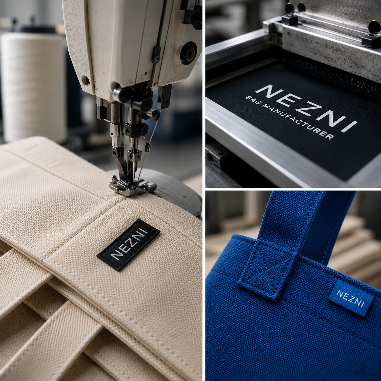 Nezni bag design, material selection, sewing, printing, quality control and finished production process.