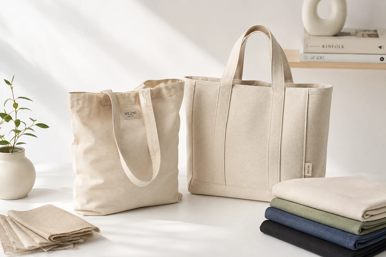 Cotton and canvas bag materials prepared for comparison