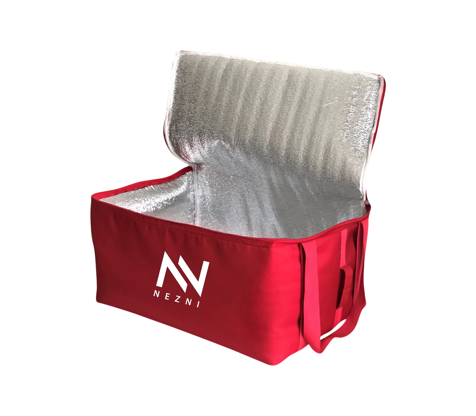 Open cooler bag showing insulated internal construction and closure