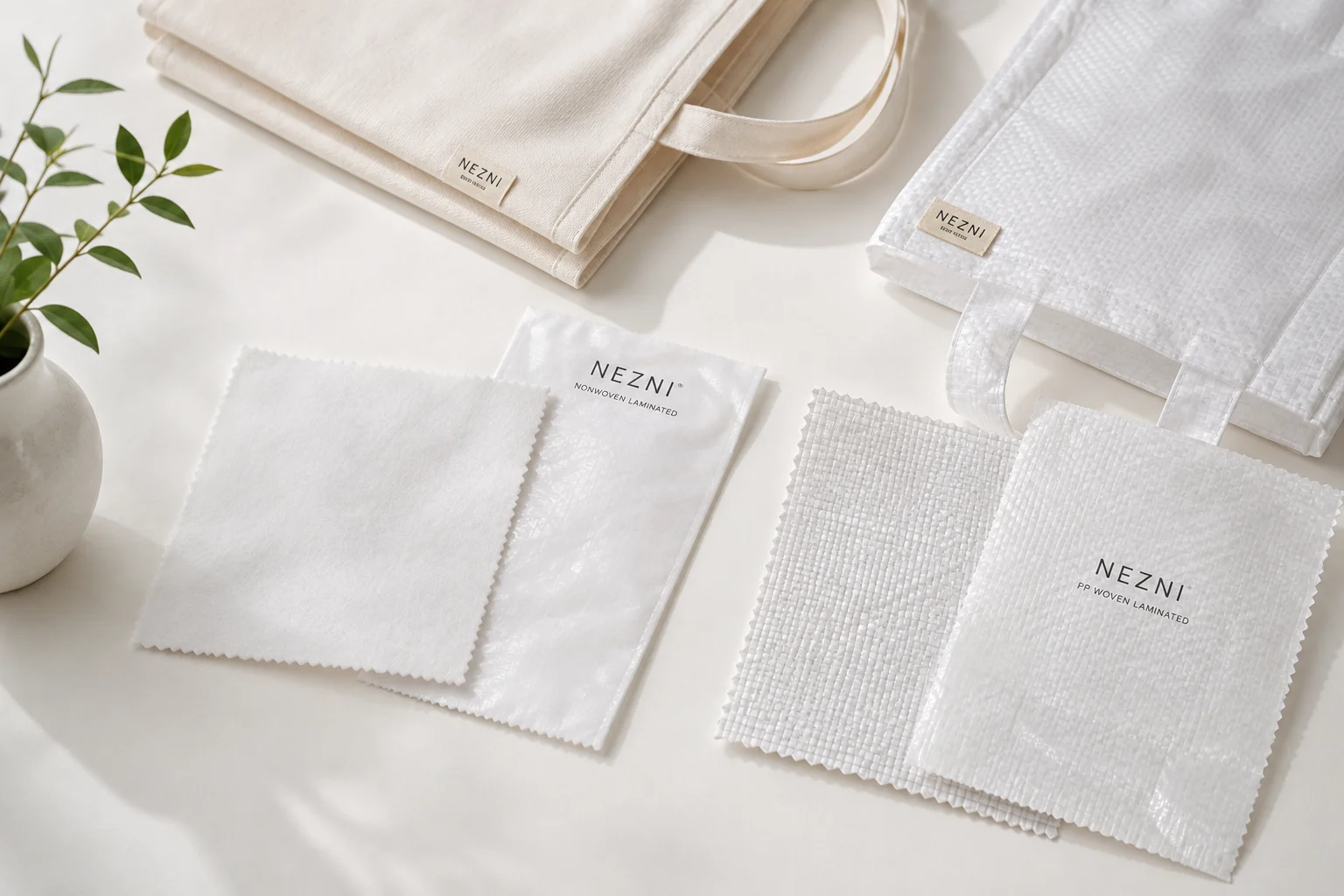 Nonwoven and PP woven bag materials shown side by side