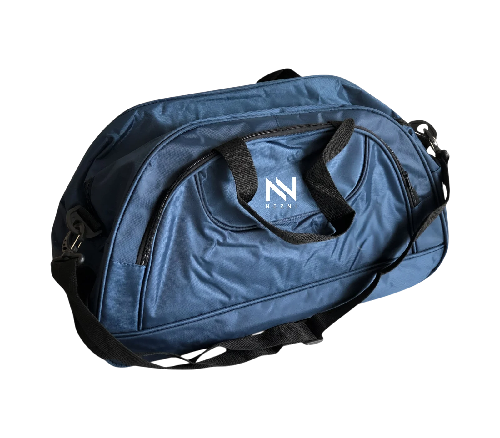 Polyester duffel bag showing multiple panels, zippers, handles and shoulder strap