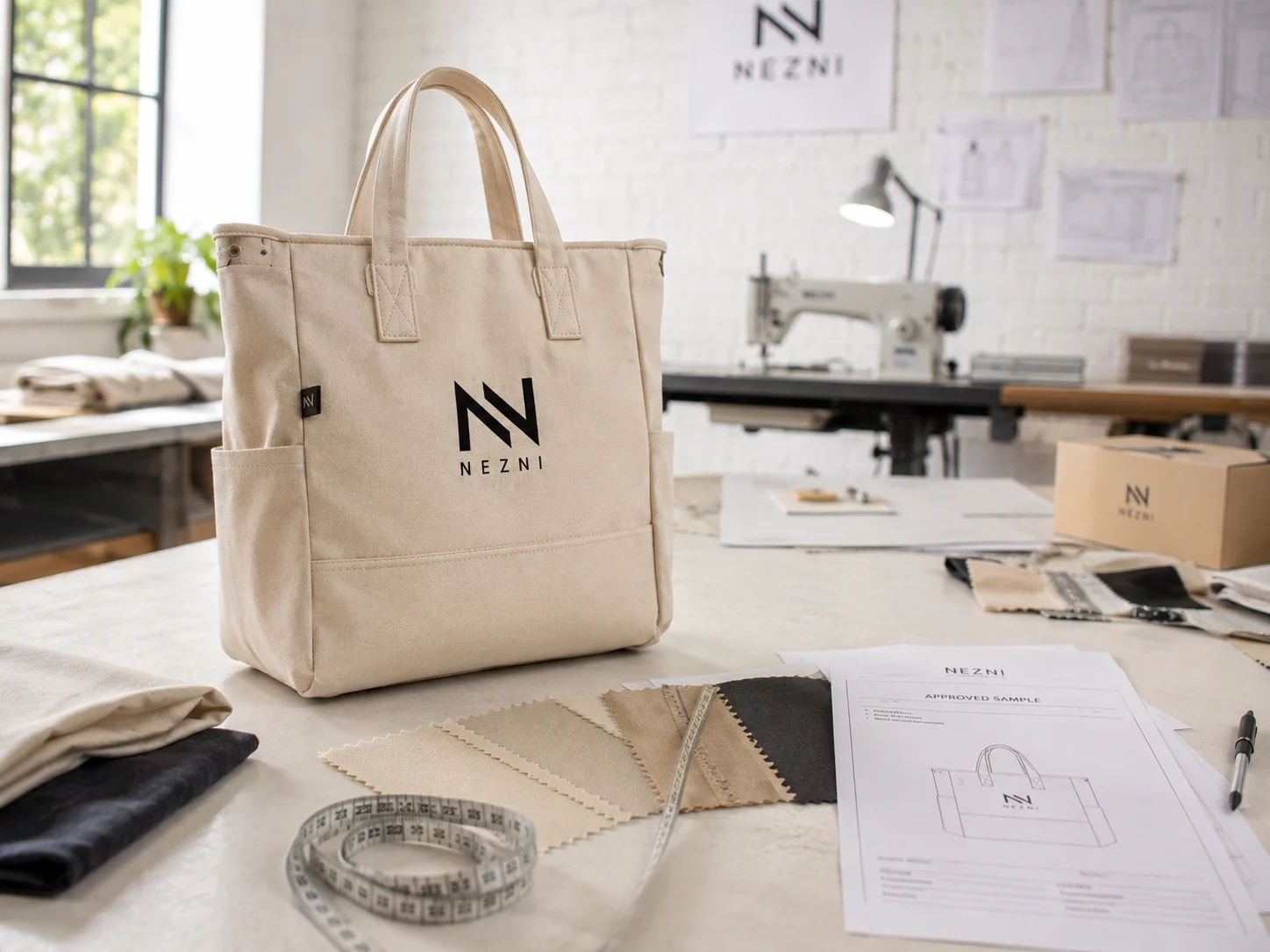 Approved bag sample and production preparation materials in a workshop