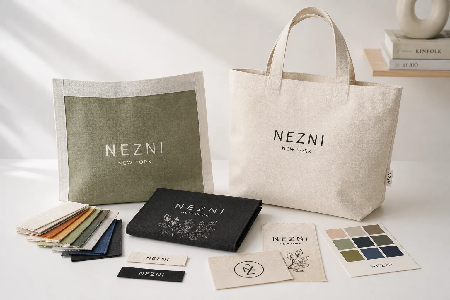 Custom printed bag samples and branding material selections