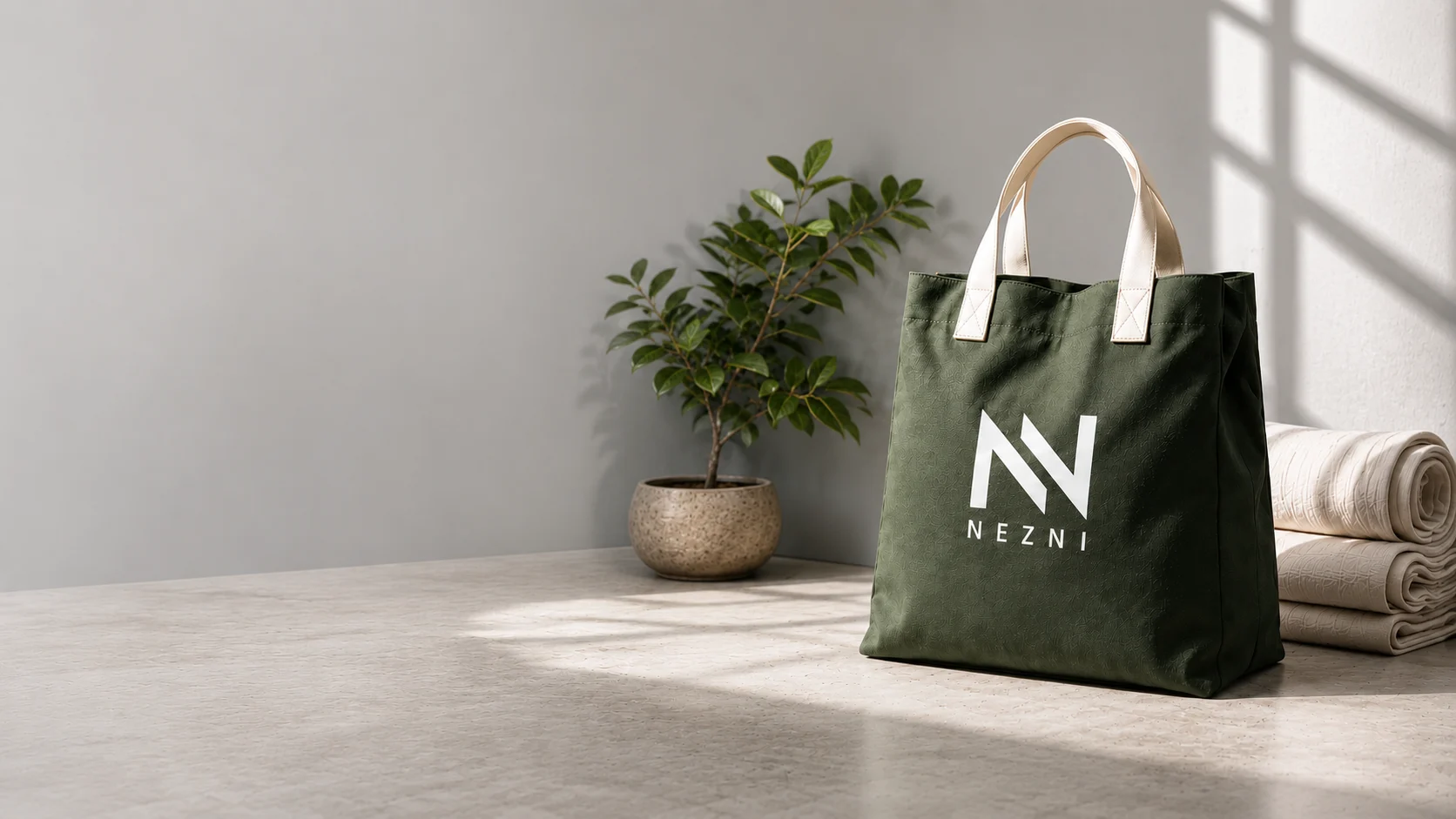 Nezni branded custom bag in a premium studio setting