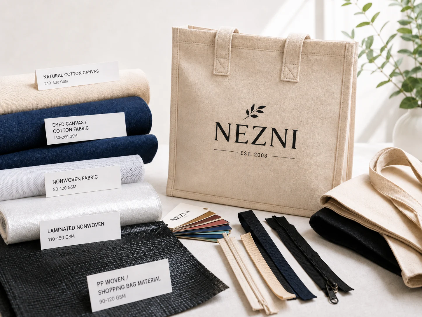 Bag manufacturing material samples including cotton, nonwoven and woven materials