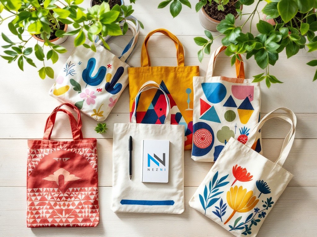 Printed cotton tote bags in a bright lifestyle setting