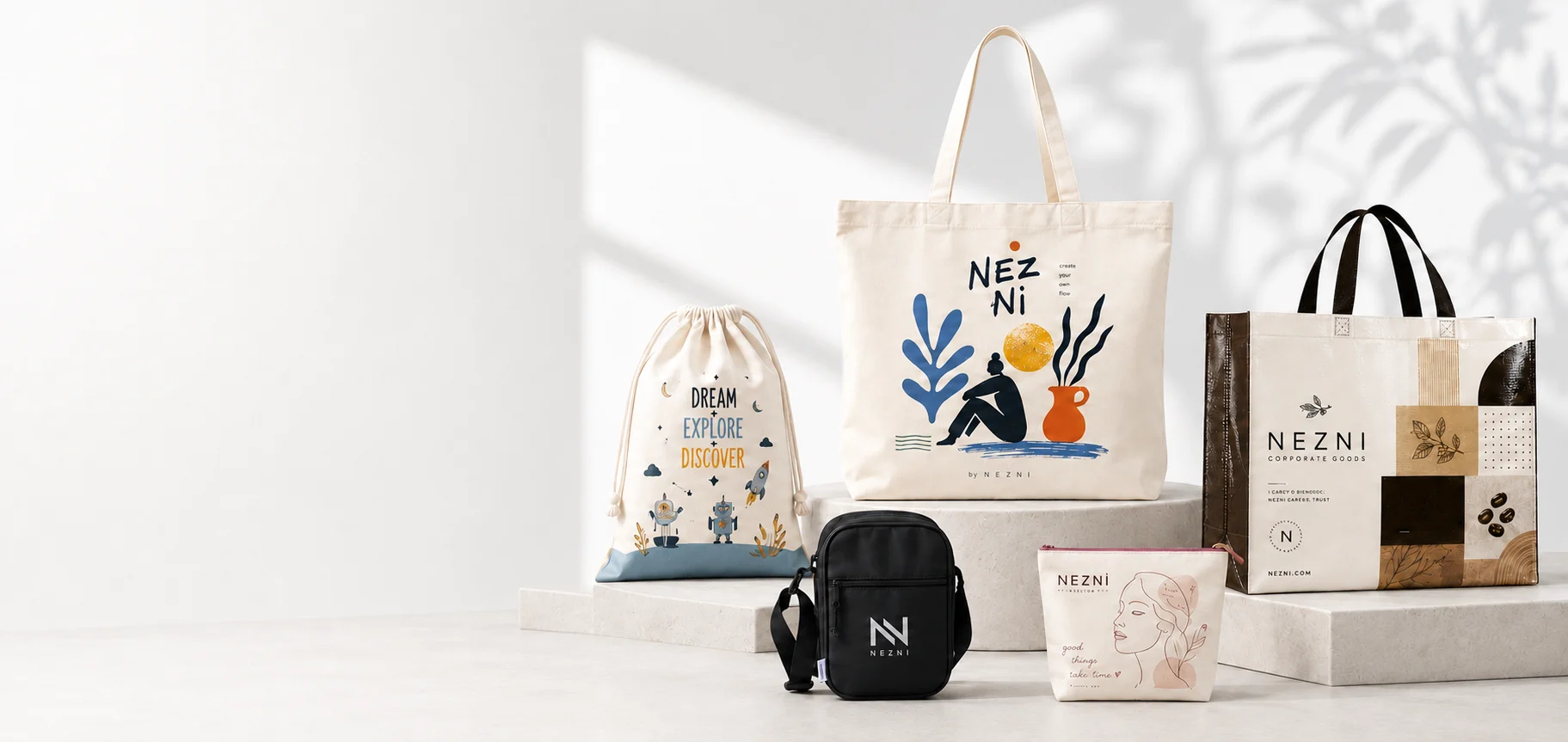 Custom cotton, drawstring, laminated and promotional bag production examples by Nezni.