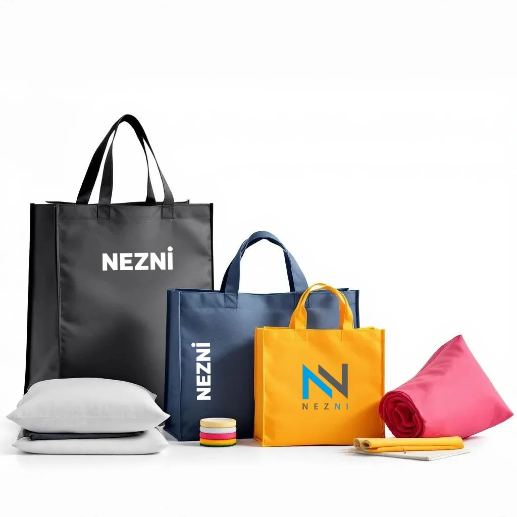Nonwoven bag examples in different sizes and colours